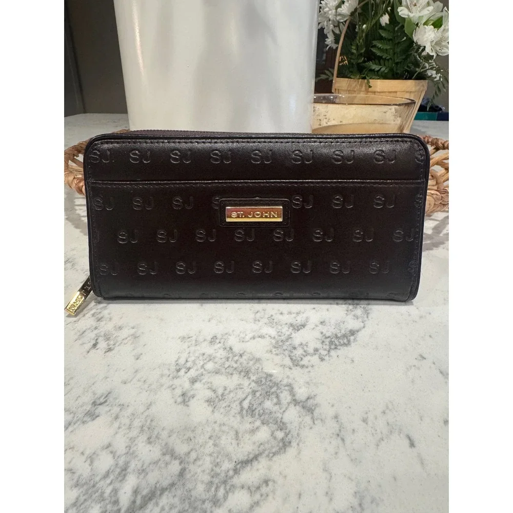 St. John Dark Brown SJ Monogram Embossed Leather Zip Around Wallet Gold Hardware